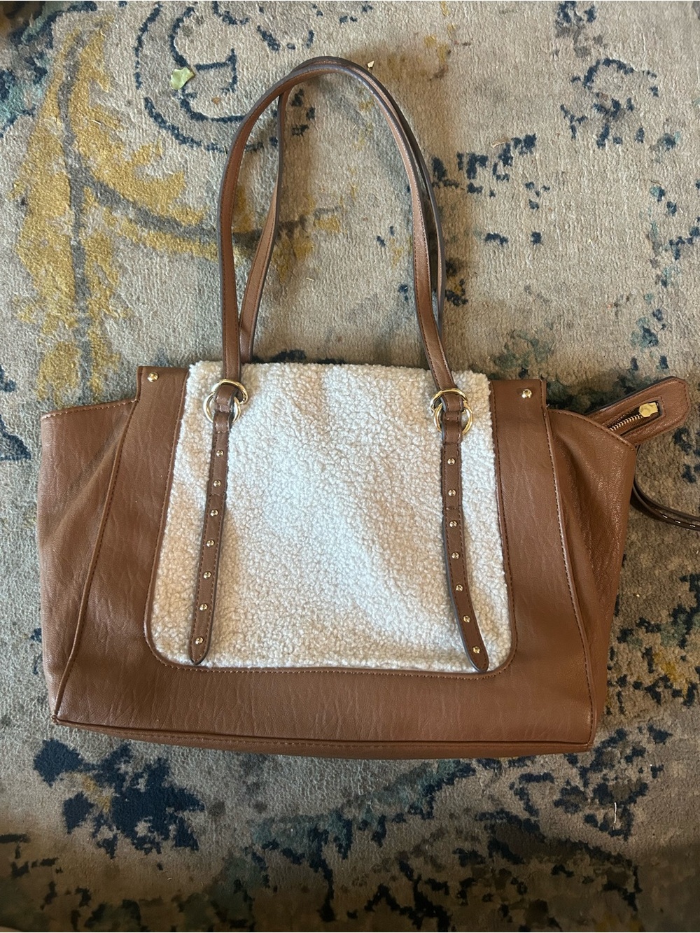 Jessica Simpson Classic Brown Tote with Cream Sherpa Panel